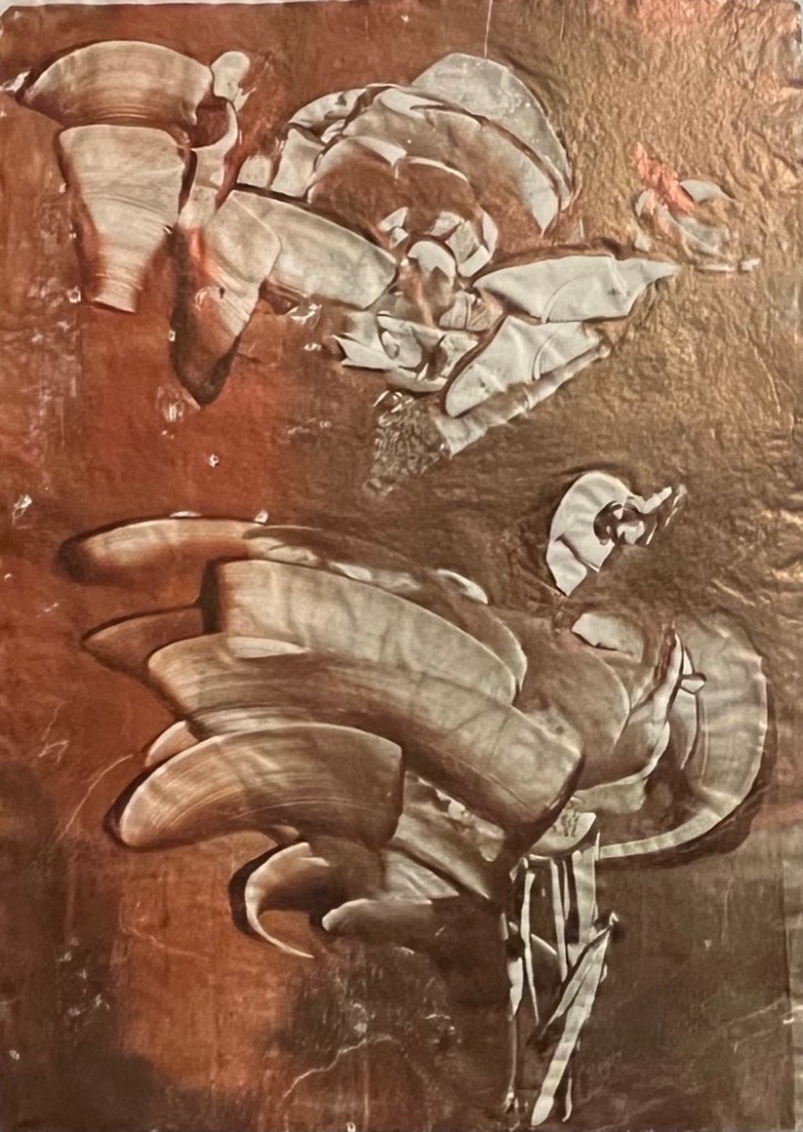 Abstract monoprint in bronze and ivory tones. Broad, sweeping strokes form layered petal-like shapes and silent ridges, evoking fossilized wings or buried ruins under soft metallic light.