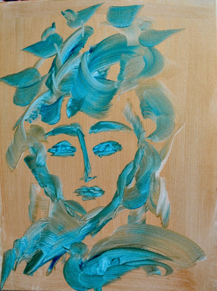 A poetic face emerges from bold turquoise brushstrokes on raw canvas, with leaflike gestures suggesting both hair and movement. A tribute to memory’s shape, carried like wind through an open field.