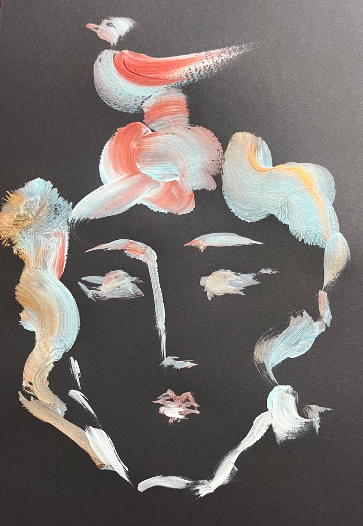 An abstract portrait with soft brushstrokes in white, red, and ochre, forming a quiet face—an echo of spirit and silence on black paper.