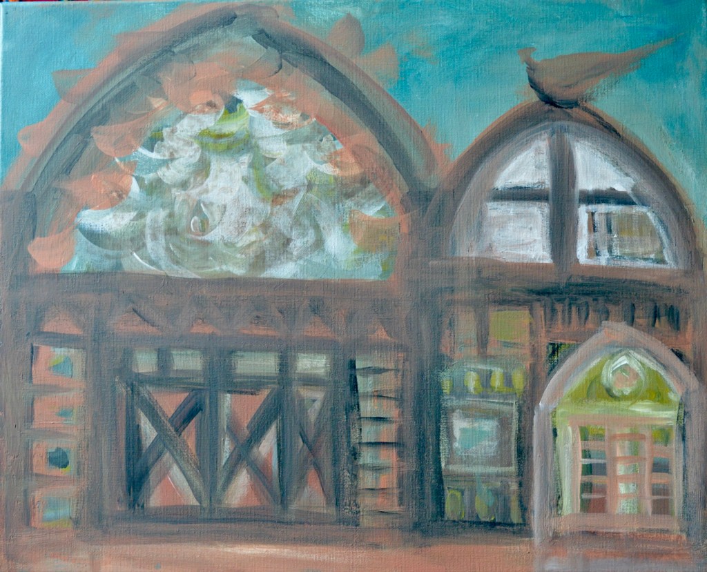 Abstract painting of an arched building facade, rendered in warm clay and turquoise tones. A lone bird crowns the roof, summoning the memory of ancestral homes and shared secrets in garden courtyards.