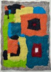 Vibrant felt painting with overlapping color blocks in orange, yellow, green, and blue on a grey border, capturing a sense of spontaneity and mid-century abstraction.