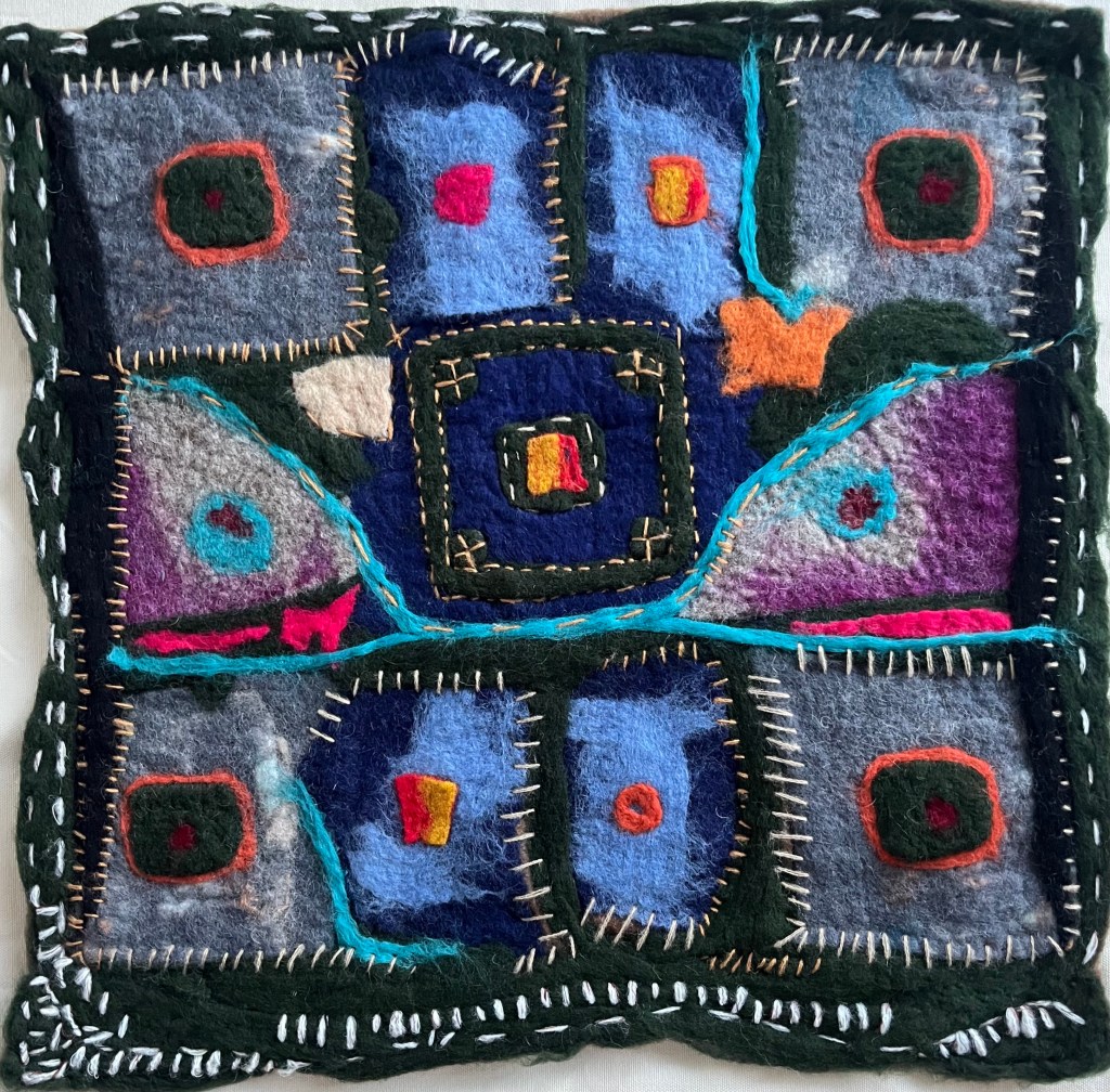 Abstract felt collage in deep purples and blacks, with stitched squares and glowing orange and red accents, exploring rhythm through geometric fragmentation.