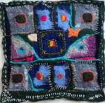 Abstract felt collage in deep purples and blacks, with stitched squares and glowing orange and red accents, exploring rhythm through geometric fragmentation.