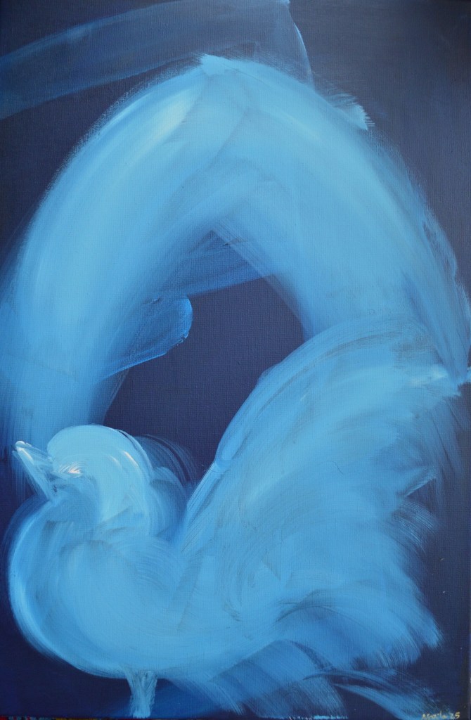 A luminous blue bird painted in sweeping arcs against a dark indigo backdrop. Its form feels like a whisper or a prayer, hovering between solitude and flight.