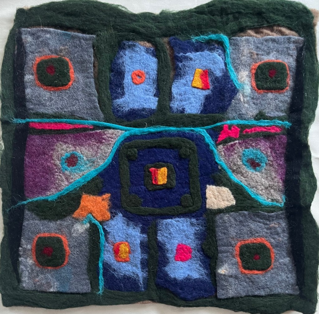 Abstract felt collage in deep purples and blacks, with stitched squares and glowing orange and red accents, exploring rhythm through geometric fragmentation.