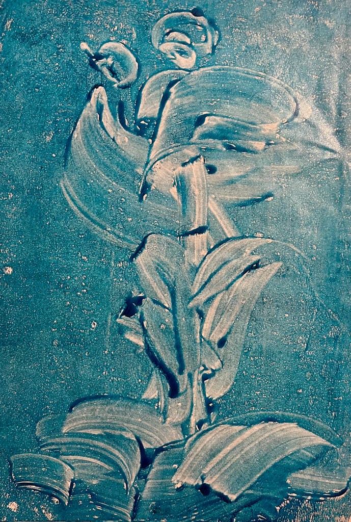 A monochromatic gel plate print in hues of turquoise and silver, capturing a tall, abstract floral figure with curled blooms reaching skyward like whispered dreams.