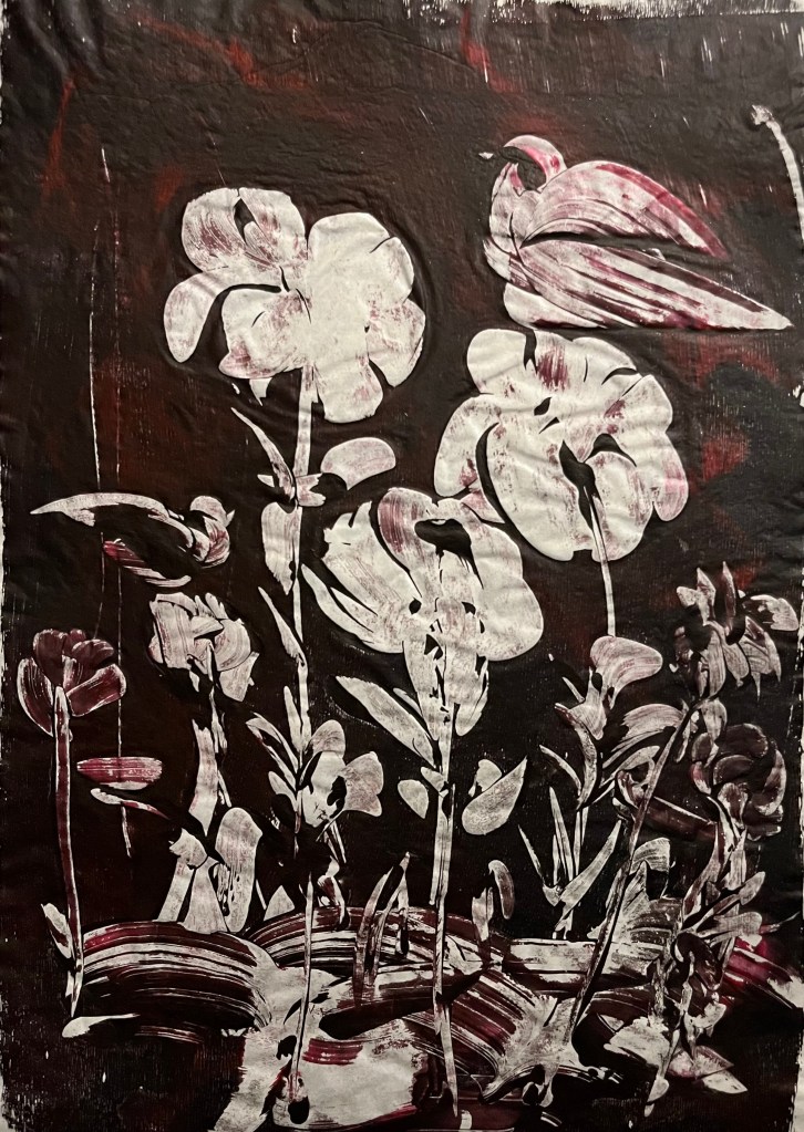 A rich acrylic print in deep burgundy and white, where blossoms bloom beneath soaring birds — a ghostly garden emerging from the night.