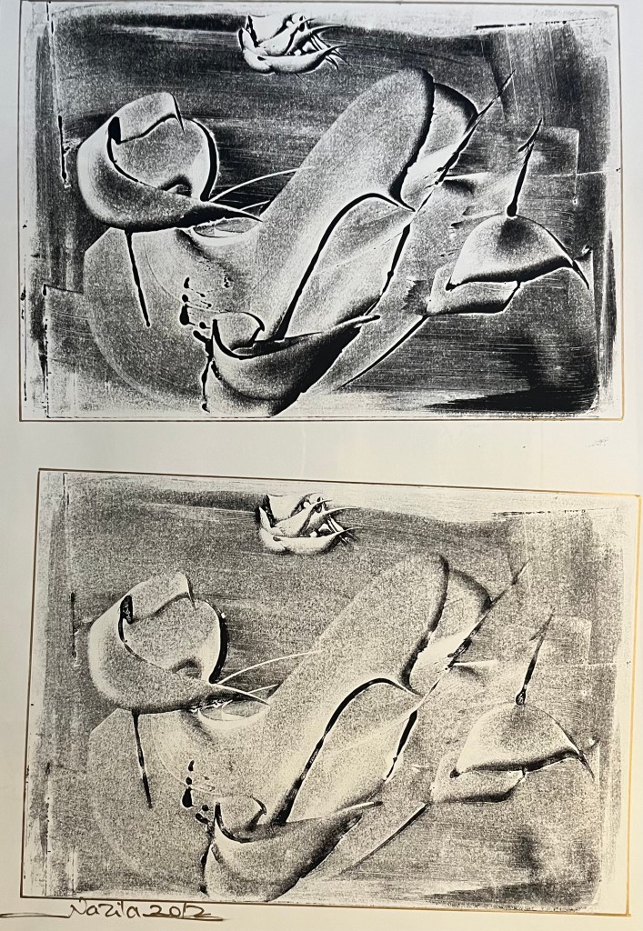 Double-panel monoprint with mirrored organic shapes and bold curves, suggesting a dance of birds caught mid-flight.