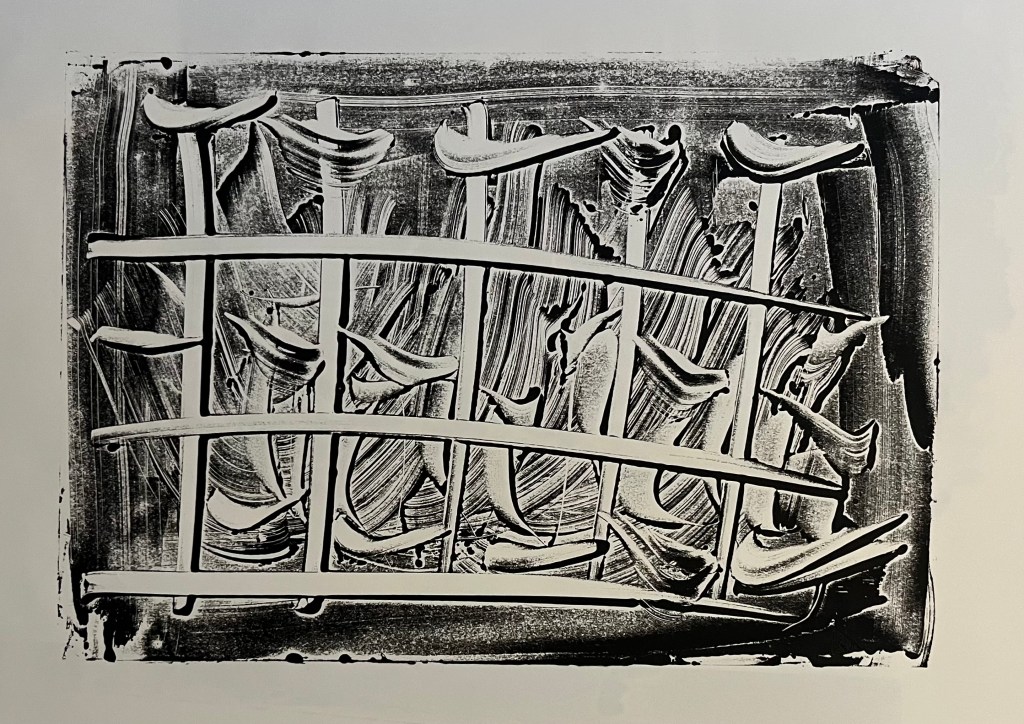 Monoprint of rhythmic, gridded spaces enclosing fluid birdlike forms, reminiscent of a shadow behind a patterned screen.