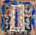 Felt artwork with symmetrical columns in earthy tones, centered by a vertical blue path adorned with buttons and stitched shapes, framed by expressive color fragments and small ceramic tiles.