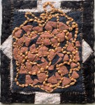 Felt textile with pinkish terracotta shapes outlined in golden yarn over a black and white grid, evoking Persian geometric patterns through hand-stitched abstraction.