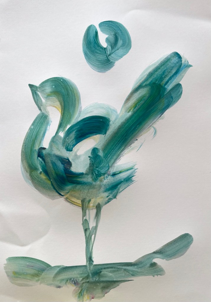  Fluid blue brushstrokes shape an abstract bird standing on a branch, its plumage caught mid-dance. A lighthearted echo of children’s laughter in blooming orchards.