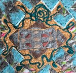 Felt composition with golden tan diamond shape outlined in teal, set against a sky-blue textured background, inspired by woven motifs and abstract architecture.