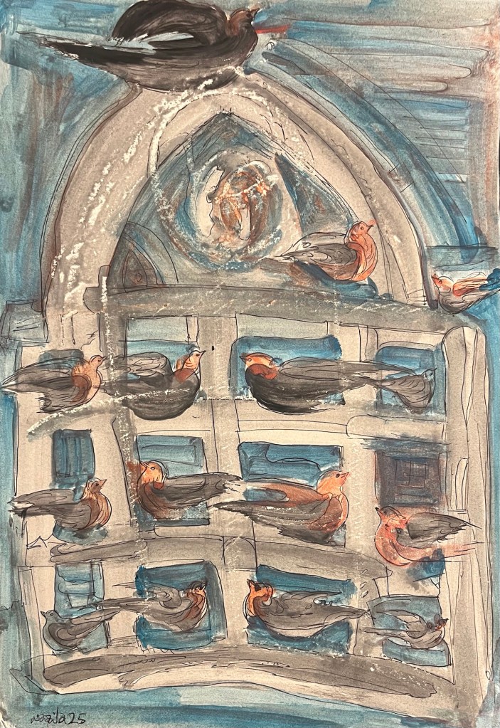 Watercolor and ink painting of birds resting on a window with Islamic architectural arches. The composition recalls childhood laughter echoing in old courtyards under Shiraz’s open skies.