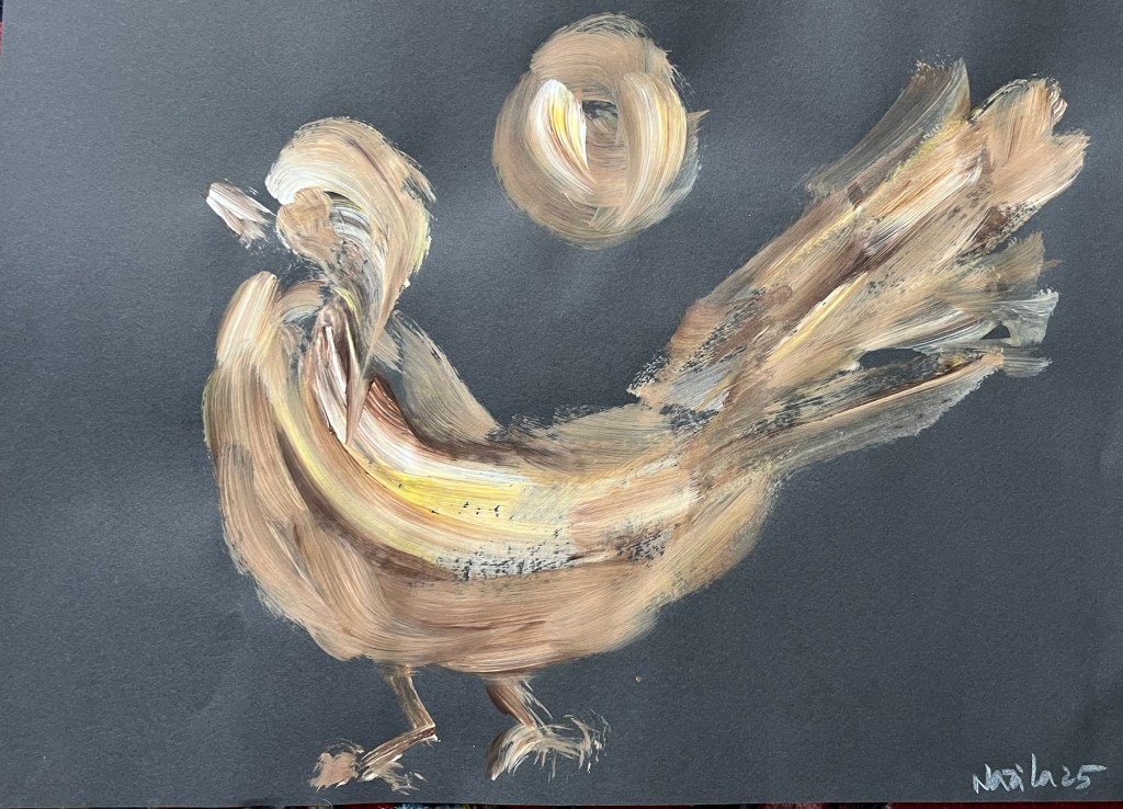 A bird-like form painted in soft, sweeping brushstrokes of ochre, beige, and pale gold on dark paper. The figure appears mid-motion, open and abstract, with a circular shape—like a sun or halo—hovering above. The style is expressive and unfinished, evoking spontaneity and spiritual presence.