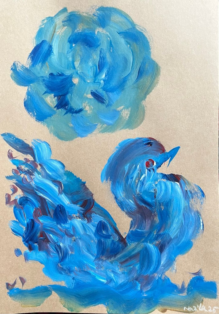 A painterly blue bird, mid-song or mid-motion, rises from bold brushstrokes on beige paper. Above it floats a swirling, cloud-like bloom in soft turquoise and cobalt — like a dream or thought suspended in air.