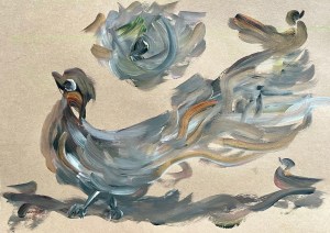 An expressive bird painted in sweeping brushstrokes of gray, brown, and hints of ochre. Its tail feathers trail off like smoke or wind, and a swirling form above its head echoes its shape. The composition suggests movement, energy, and quiet presence on a neutral background.
